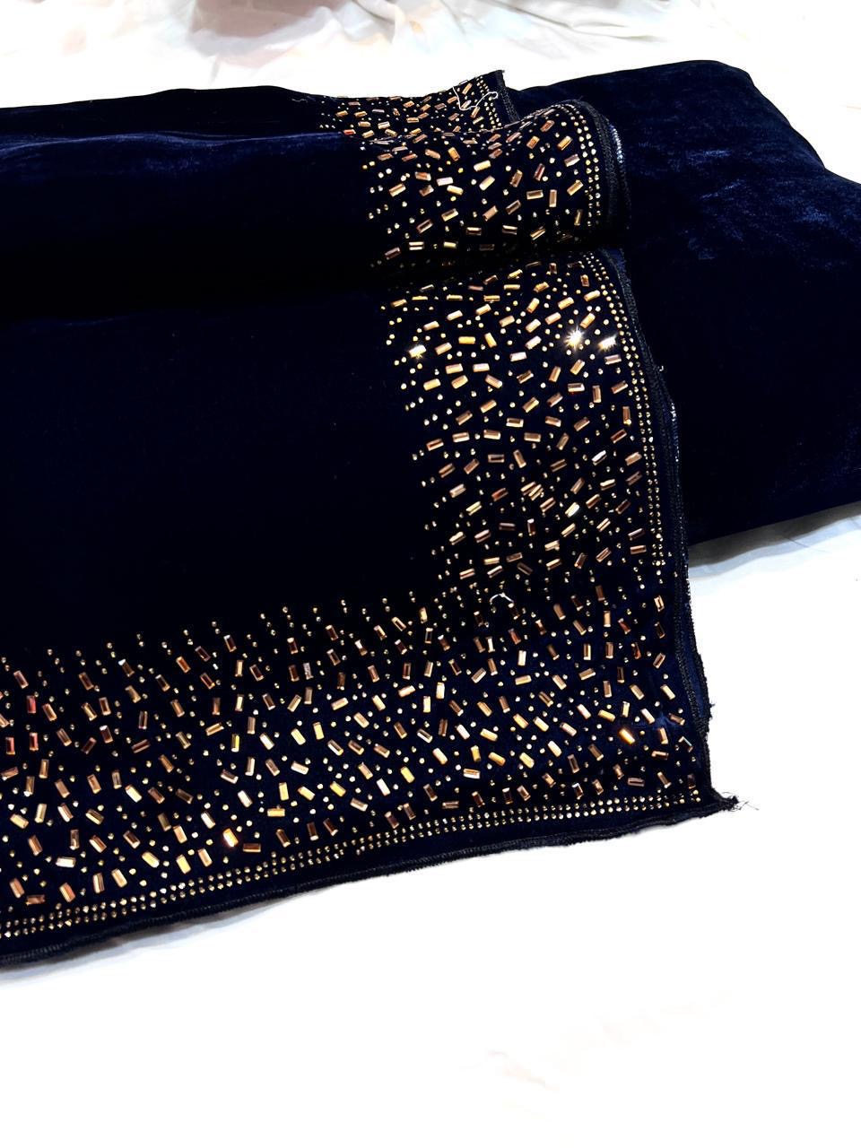 Superior Micro Velvet Stone Work Shawl with Plain Velvet Suit – 3 Piece