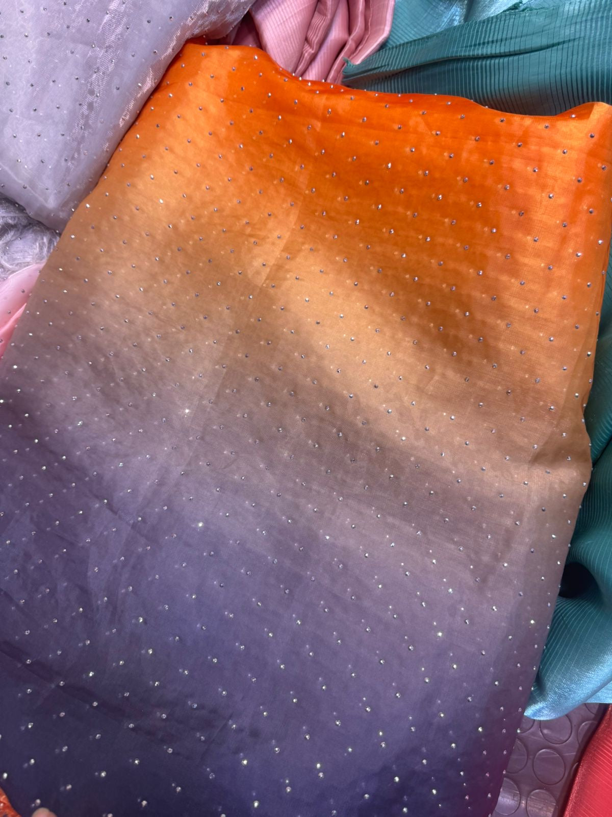 Ombre Sheesha Silk Stone Work Shirt with Stripe Sheesha Silk Pants