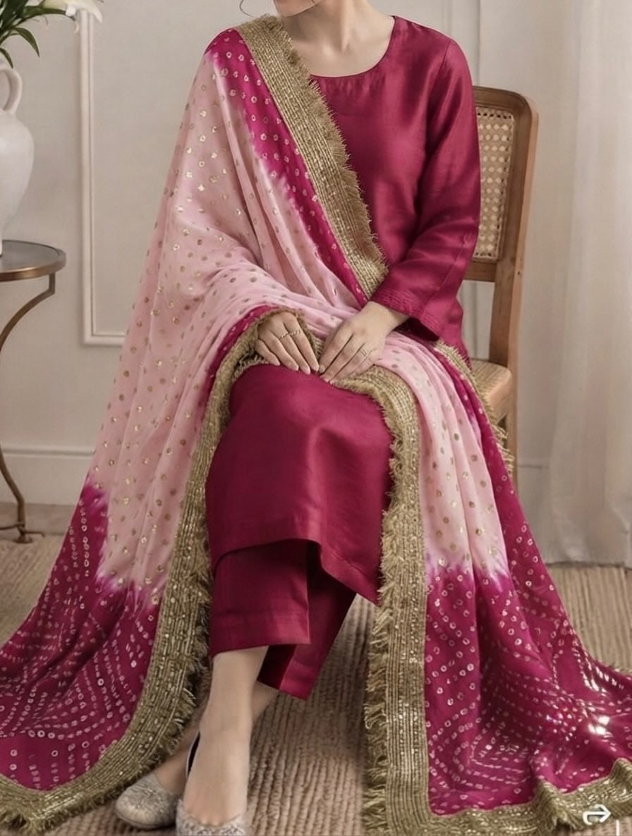 Pure Russian silk bandni dopatta with pure tussle silk suits