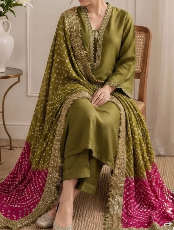 Pure Russian silk bandni dopatta with pure tussle silk suits