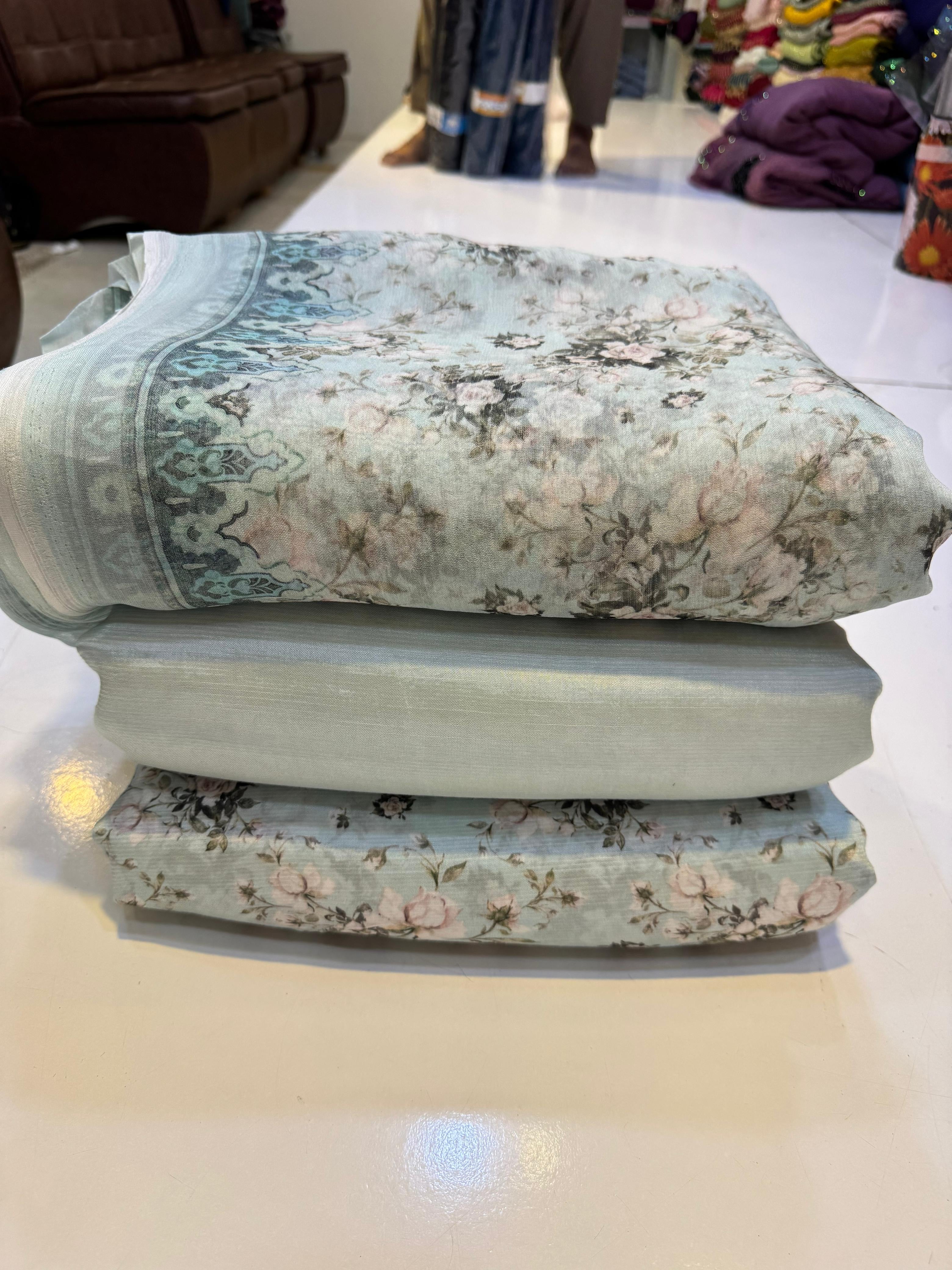 👗 Printed Rowsilk 3pc Suit with Chiffon Dupatta