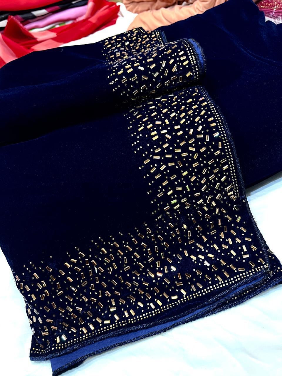 Superior Micro Velvet Stone Work Shawl with Plain Velvet Suit – 3 Piece