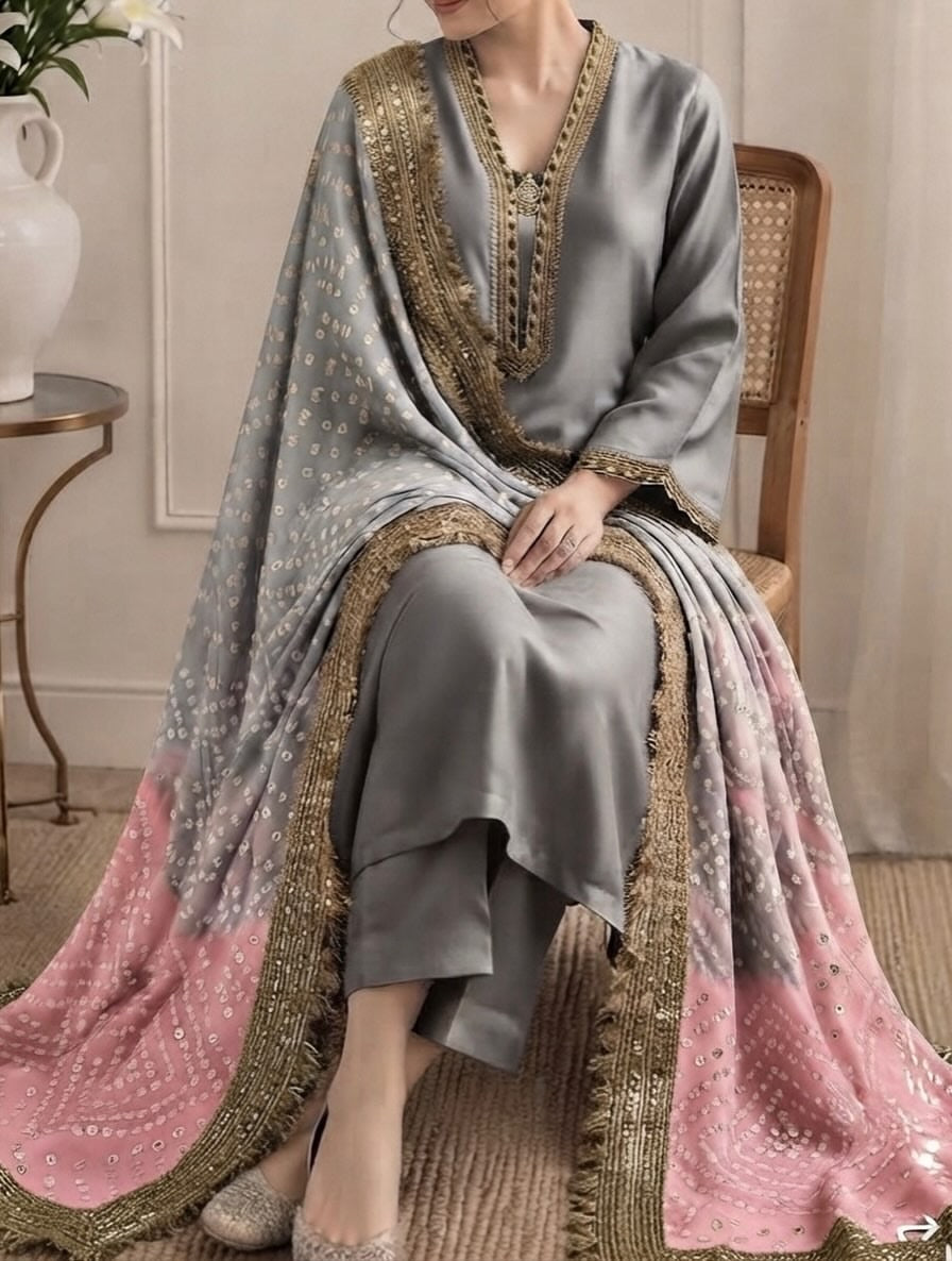 Pure Russian silk bandni dopatta with pure tussle silk suits