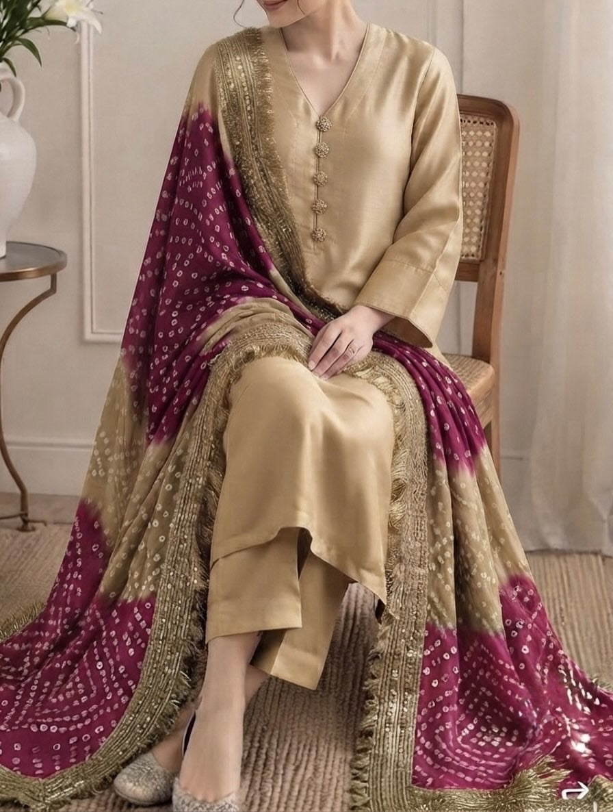 Pure Russian silk bandni dopatta with pure tussle silk suits