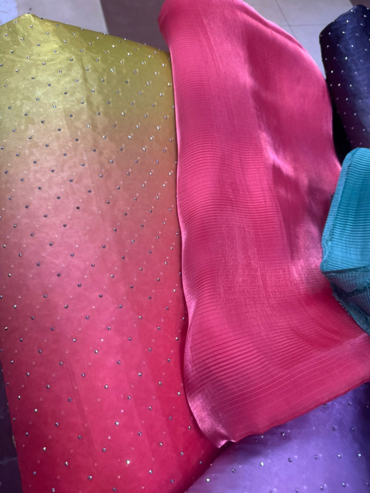 Ombre Sheesha Silk Stone Work Shirt with Stripe Sheesha Silk Pants