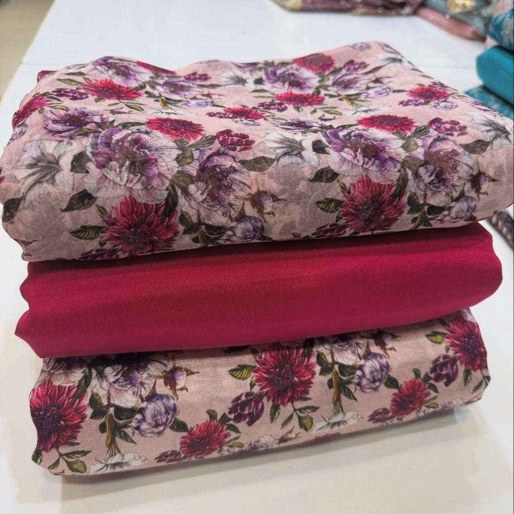 👗 Printed Rowsilk 3pc Suit with Chiffon Dupatta