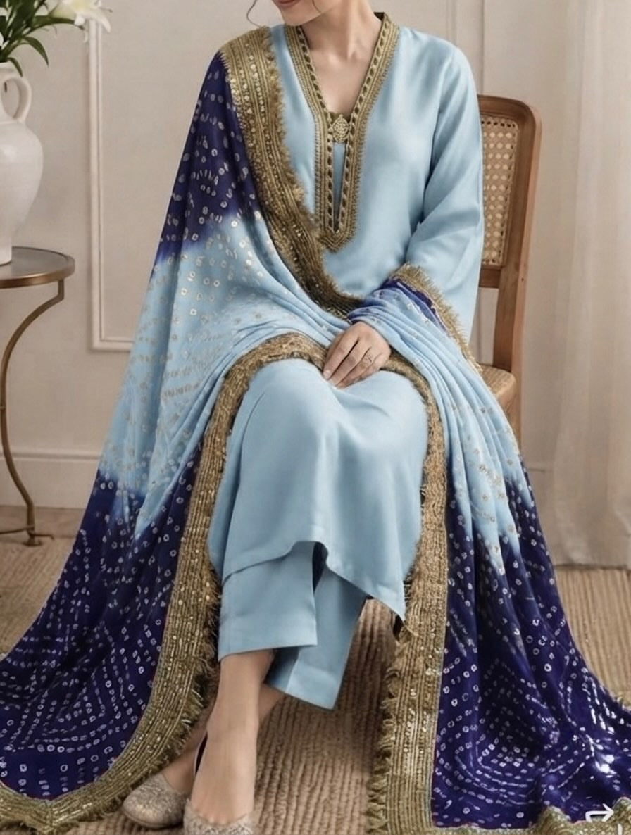 Pure Russian silk bandni dopatta with pure tussle silk suits