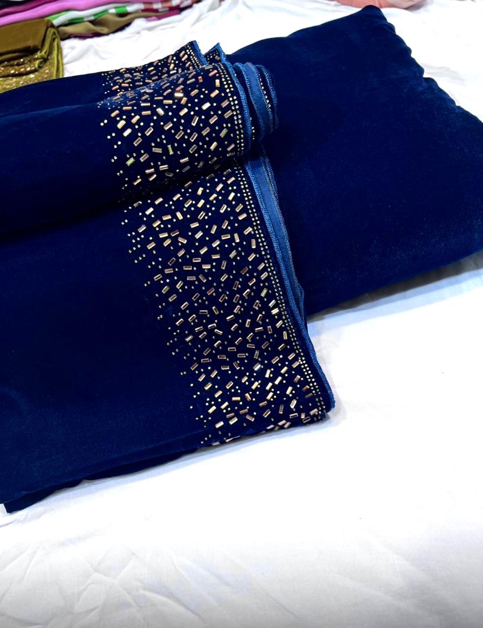 Superior Micro Velvet Stone Work Shawl with Plain Velvet Suit – 3 Piece