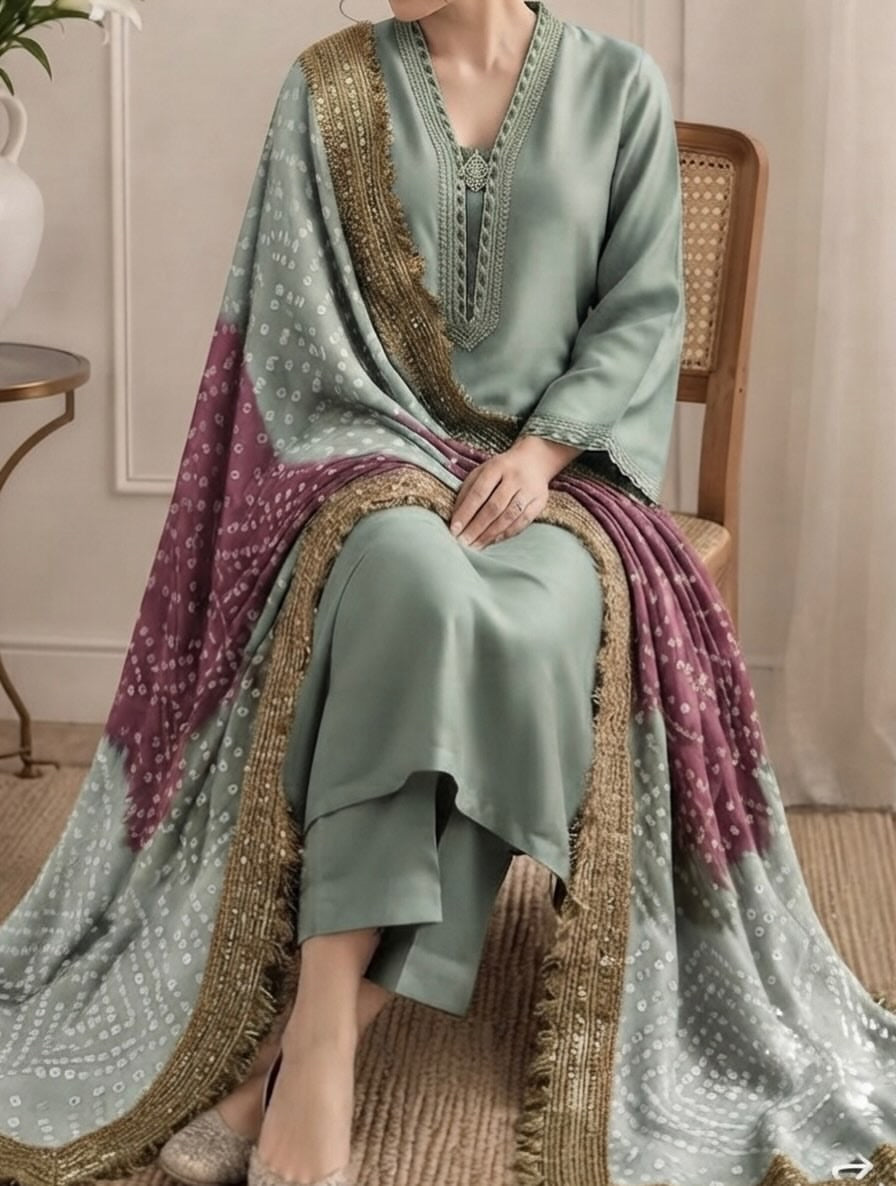 Pure Russian silk bandni dopatta with pure tussle silk suits