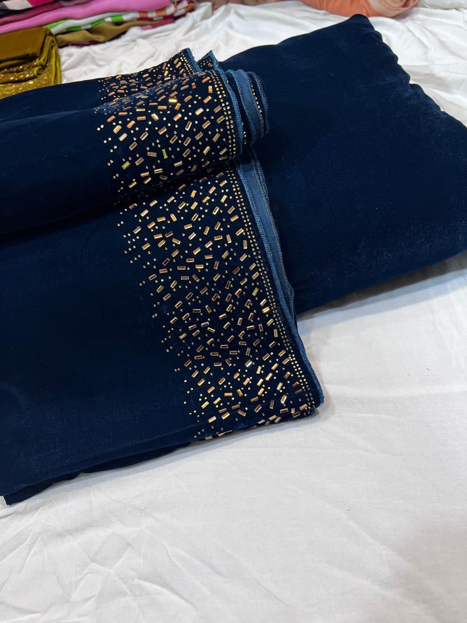 Superior Micro Velvet Stone Work Shawl with Plain Velvet Suit – 3 Piece