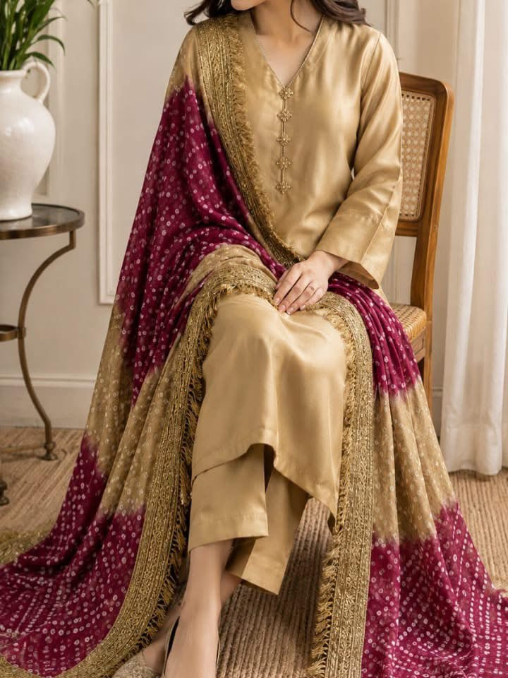 Pure Russian silk bandni dopatta with pure tussle silk suits