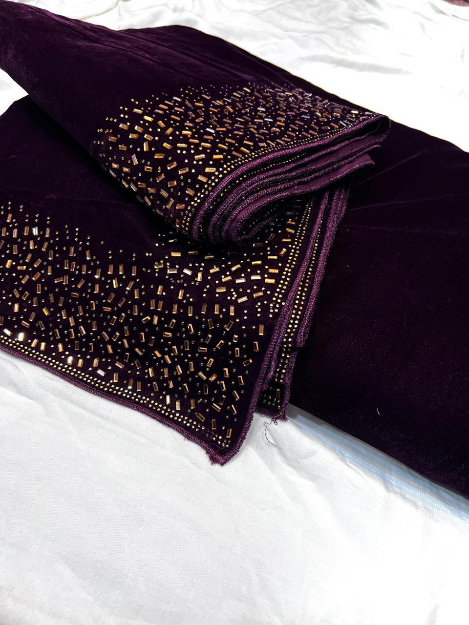 Superior Micro Velvet Stone Work Shawl with Plain Velvet Suit – 3 Piece