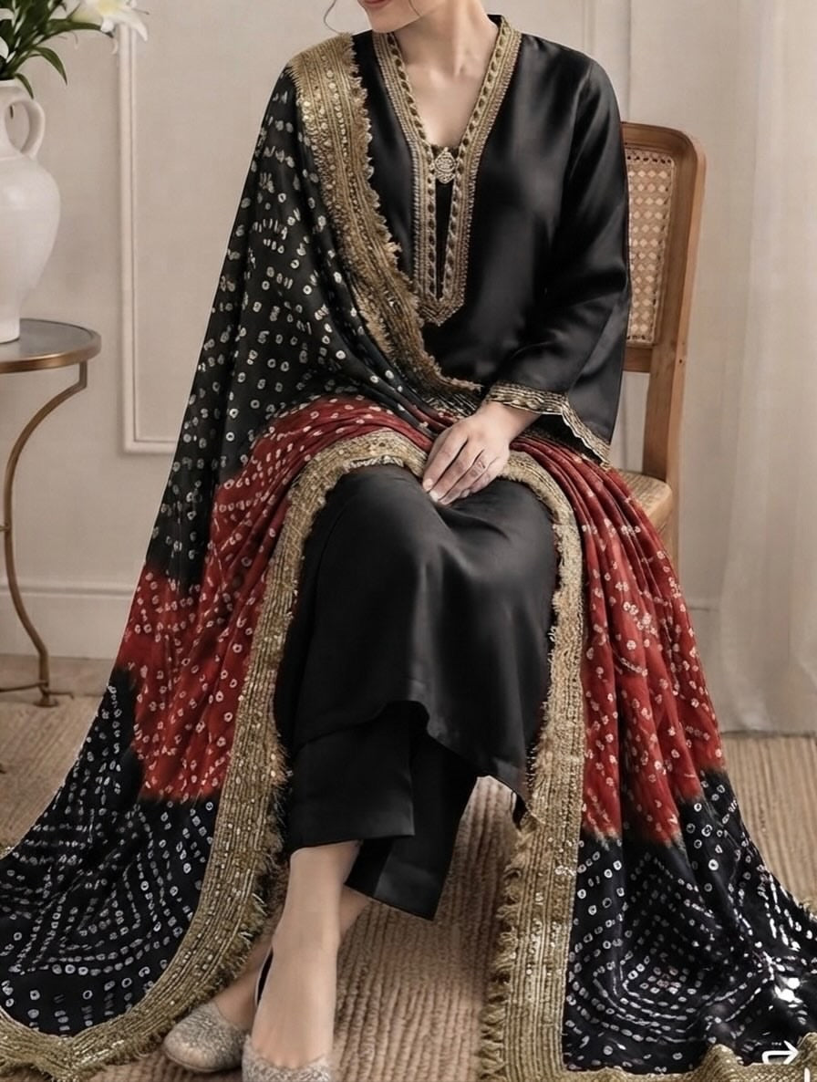 Pure Russian silk bandni dopatta with pure tussle silk suits