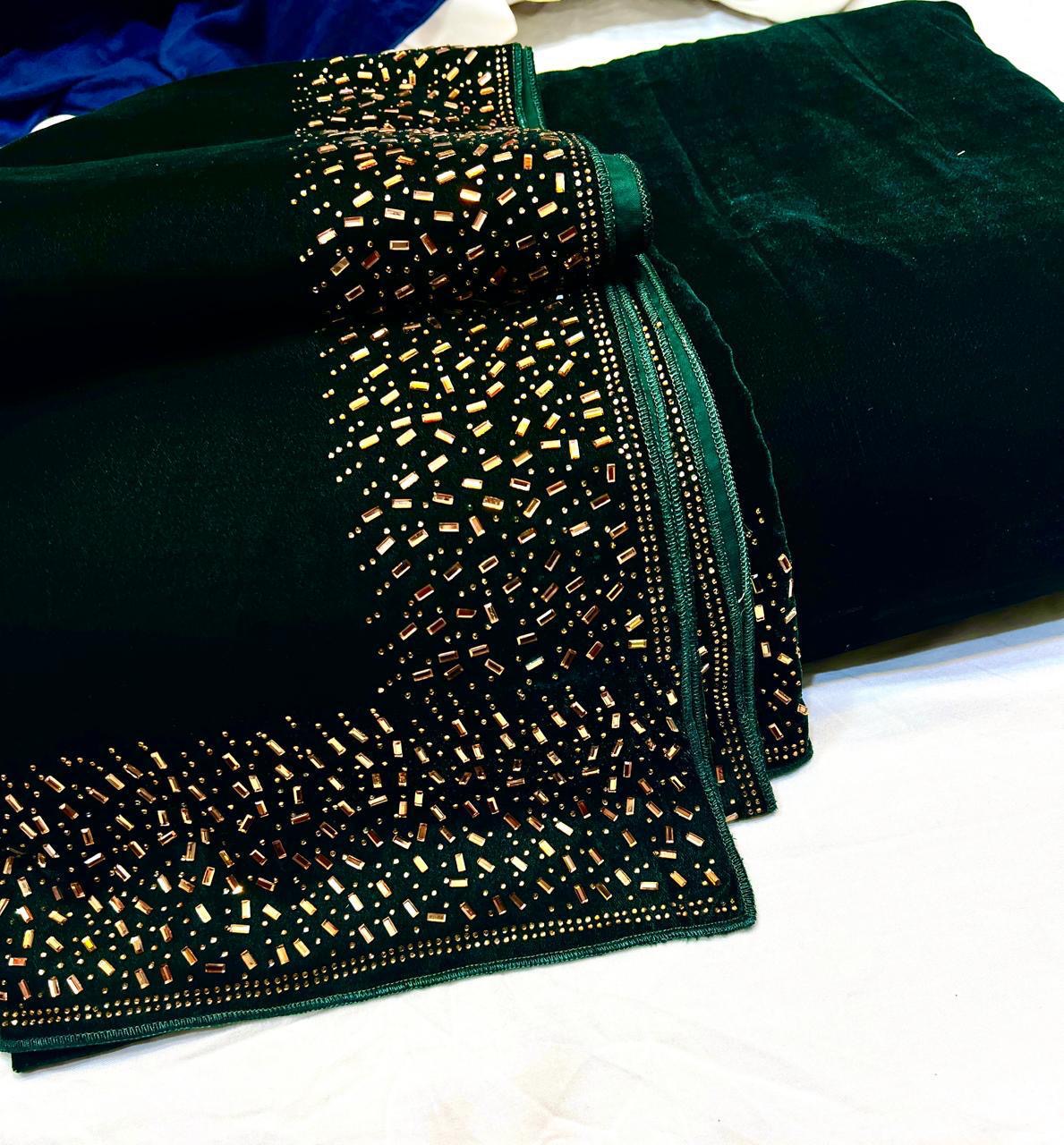 Superior Micro Velvet Stone Work Shawl with Plain Velvet Suit – 3 Piece