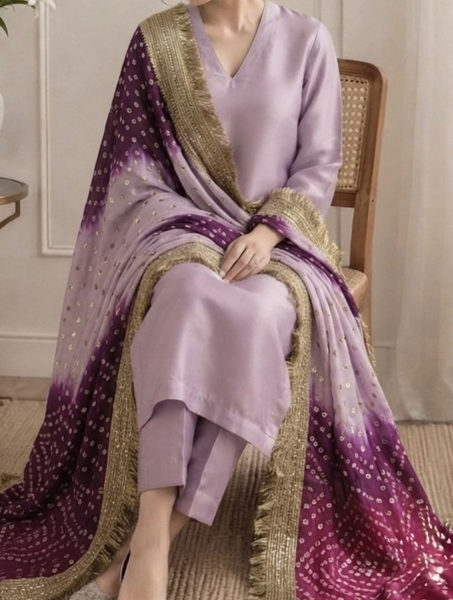 Pure Russian silk bandni dopatta with pure tussle silk suits