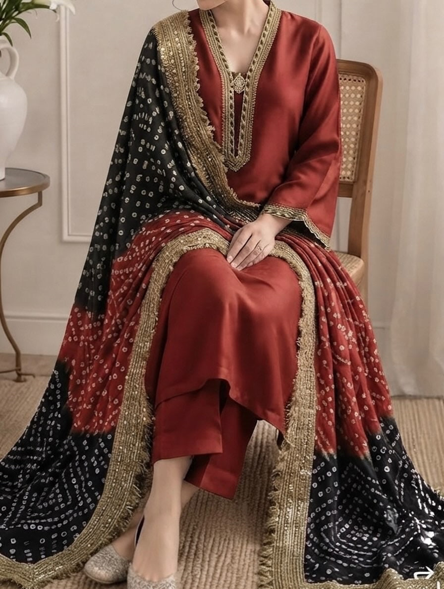 Pure Russian silk bandni dopatta with pure tussle silk suits