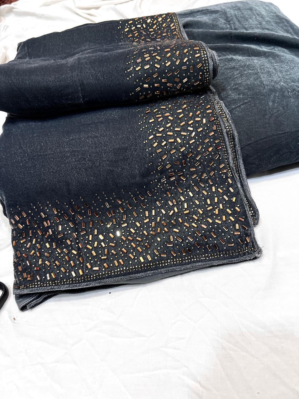 Superior Micro Velvet Stone Work Shawl with Plain Velvet Suit – 3 Piece